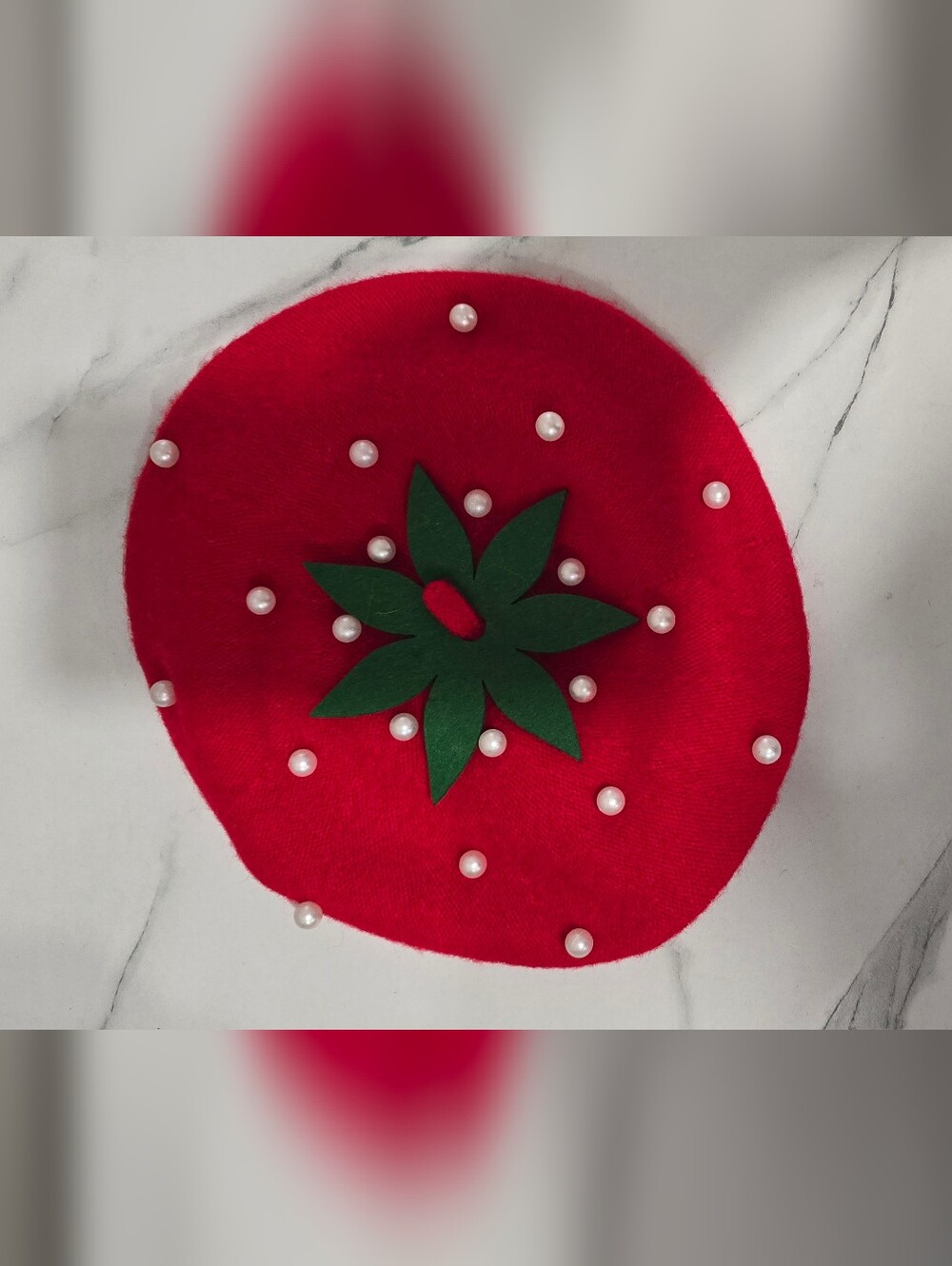 Red Strawberry Appliqué Beret with Pearl Accents